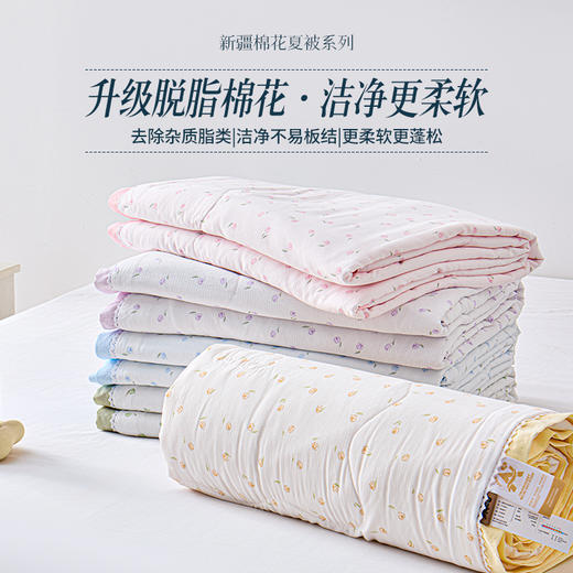 【脱脂棉花夏薄被】/空调被 【会员专享】多喜爱 晚风花信棉花夏薄被芯/空调被（慕斯粉/品月蓝）【花边&出芽】【100%新疆棉】【升级脱脂棉】【提花面料】【A类抑菌】多层铺垫超柔水洗 商品图0