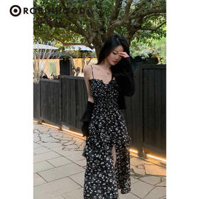 罗宾汉【风感波粒】薄荷曼波时尚气质吊带碎花开叉连衣裙-R241Q6021