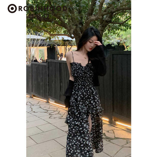 罗宾汉【风感波粒】薄荷曼波时尚气质吊带碎花开叉连衣裙-R241Q6021 商品图0