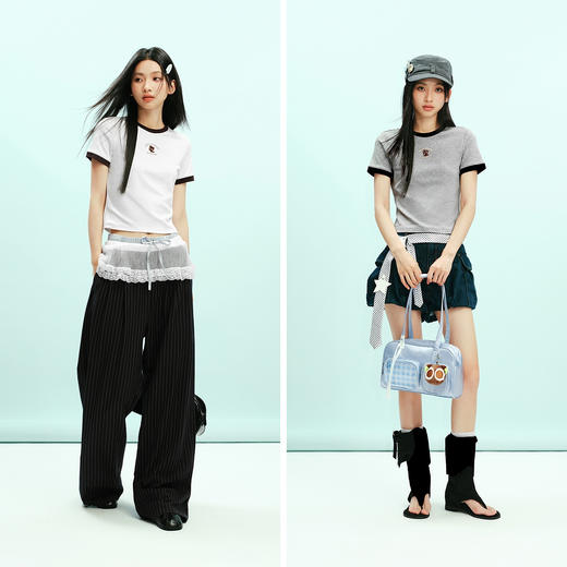 凉感T|森马罗小黑短袖T恤女夏短款撞色修身正肩2026新款休闲上衣 商品图4