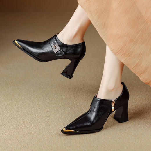 【预售5天】真皮方头粗跟大码单鞋女铁头侧拉链高跟鞋英伦百搭深口乐福鞋&898-852 商品图3