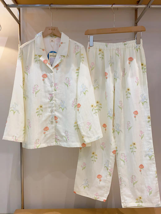 松植屋《铃兰》女士纱布翻领长袖长裤套装女款翻领开衫版睡衣 商品图0