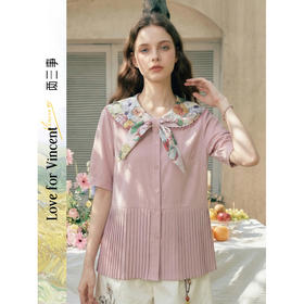 两三事梵高文艺桃气奶芙2026夏季新款印花系带海军领压褶下摆衬衫
