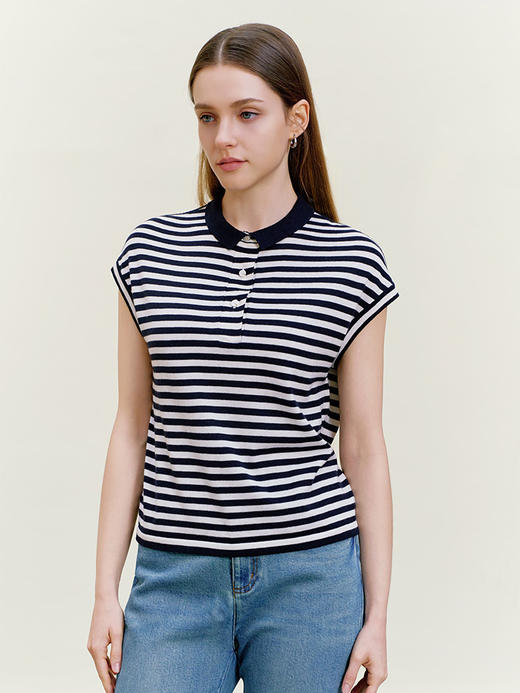 【棉麻丝条纹针织衫】26年春夏新品女士POLO领针织短袖上衣 商品图1