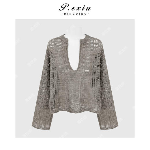 和纸纱人丝极简风镂空氛围感显瘦V领长袖针织上衣 L2833 商品图0