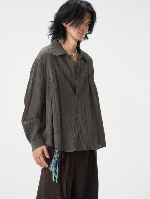 共和GongheRepub/GH24067/「落雨」枯木棕树纹皱感肌理 亚麻宽松落肩遮阳长衬衫 商品图0