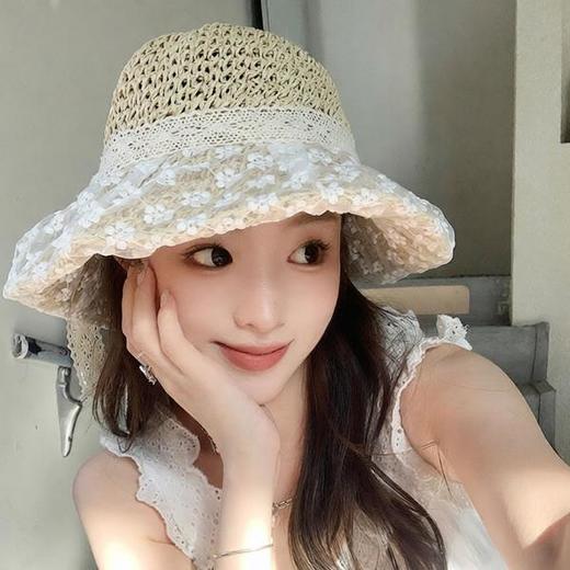 海边帽子女夏季防晒草帽赫本风沙滩度假蕾丝遮阳太阳帽透气渔夫帽 商品图3