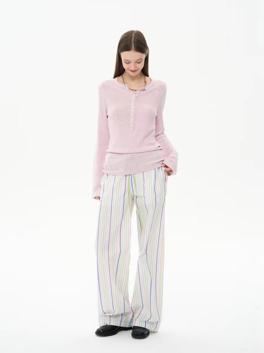 heris/H61104/珠片亚麻花纱针织 亨利领开襟 喇叭袖针织显瘦上衣春夏 商品图2