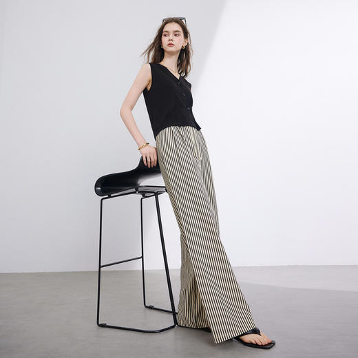 三彩2026夏季新款休闲裤条纹高腰宽松阔腿裤长裤慵懒轻薄M 商品图3