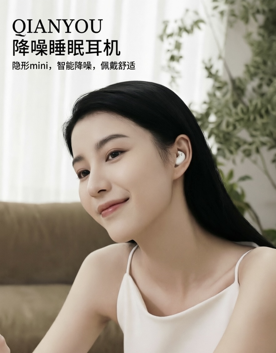 【QIANYOU 出口欧洲 降噪睡眠耳机】黑白两色可选，超薄轻巧睡眠耳机，侧睡不压耳，智能降噪，伴您日夜！