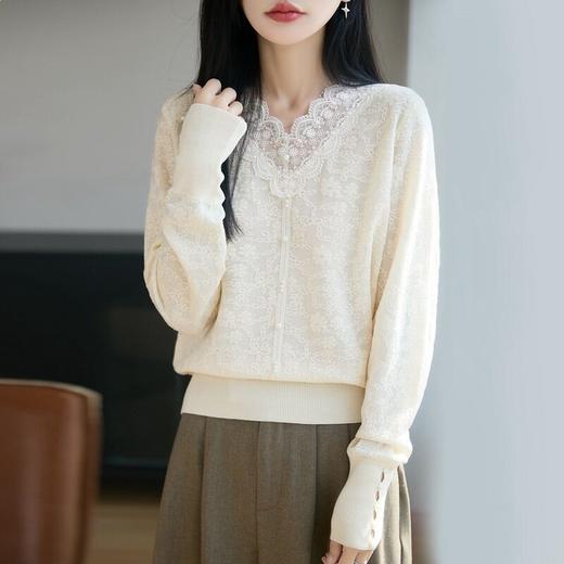 「自」全新升级【铂金会员137/天猫179/差价42】(94822)洛诗琳气质蕾丝拼接V领针织衫女2026新款女人味提花打底上衣 商品图0