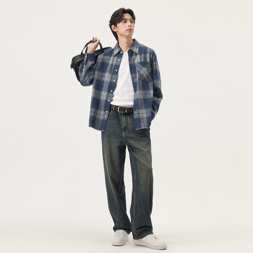 gxg.jeans男装 蓝色格纹简约通勤宽松长袖衬衫上衣男 25年秋热卖 商品图3