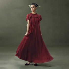 【林栖设计小店】榴花灼灼|酒红金线人丝提花拼飞片2026夏新款连衣裙