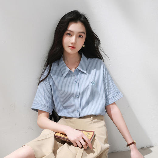 三彩2026夏季新款条纹衬衫刺绣宽松翻领休闲衬衣简约M 商品图2