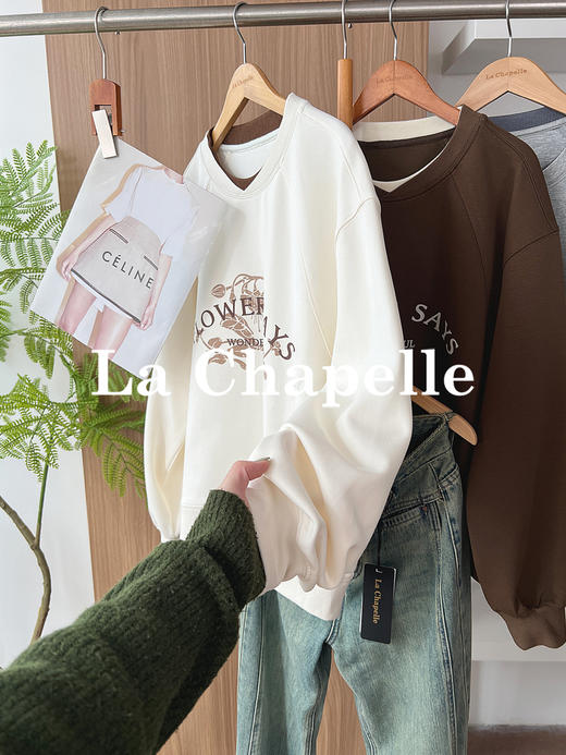 专柜实拍【花语卫衣！】拉夏贝尔/La Chapelle美式复古拼色圆领字母印花设计慵懒感三色长袖廓形卫衣 商品图2