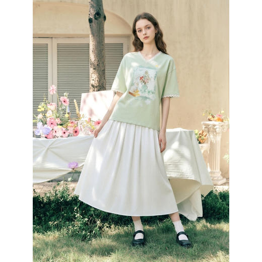 两三事梵高文艺浅昼微澜2026夏季新款小清新印花蕾丝拼接棉t恤女 商品图3