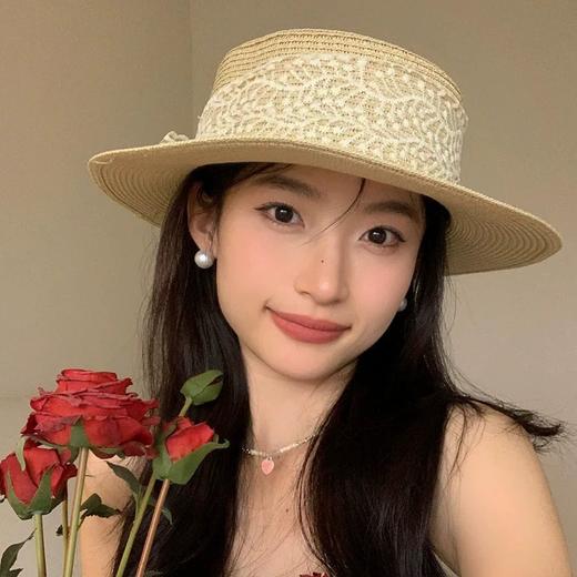 小清新田园风时尚百搭平顶蕾丝遮阳帽女草编出游太阳帽子防晒大檐 商品图0
