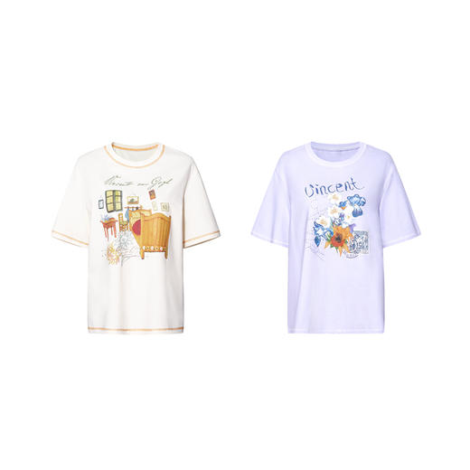 两三事梵高文艺闲庭画叙2026夏季新款复古印花绣线装饰短袖t恤女 商品图4