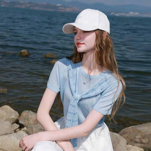 三彩2026夏季新款简约针织衫钩花披肩圆领短袖上衣套头毛衫M 商品图3