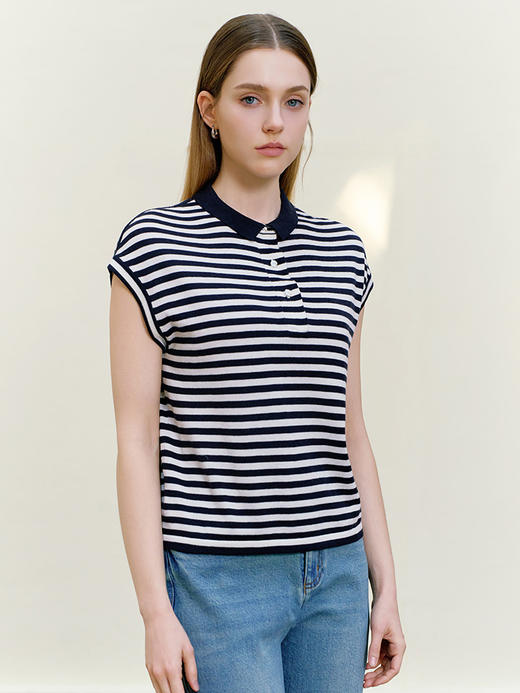 【棉麻丝条纹针织衫】26年春夏新品女士POLO领针织短袖上衣 商品图0