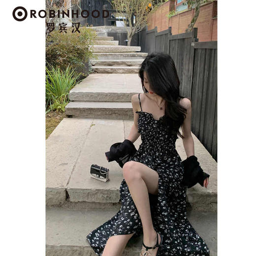 罗宾汉【风感波粒】薄荷曼波时尚气质吊带碎花开叉连衣裙-R241Q6021 商品图3