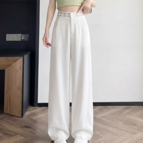 扶光白芷~100%亚麻高腰修身白色蕾丝阔腿裤女气质百搭垂感休闲裤