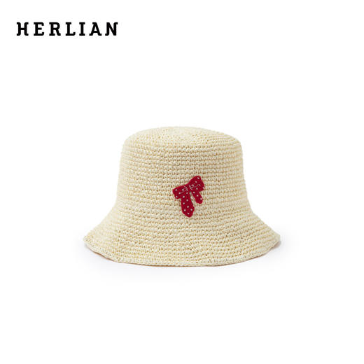 HERLIAN 2026年春季新品蝴蝶结贴布绣镂空女士编制渔夫帽 商品图0