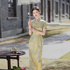 【预售3天】高端桑蚕丝高级感改良旗袍金色真丝交织连衣裙气质提花缎长款新款旗袍XLY25080