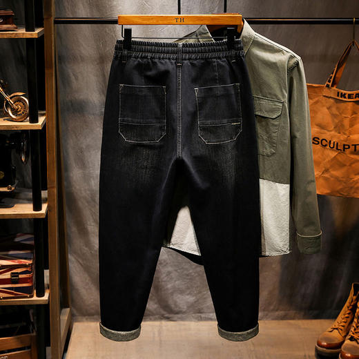 【DYG】大依优型大码男装春秋松紧腰运动哈伦裤牛仔长裤棉质束口小脚裤 商品图3
