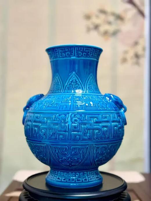 孔雀绿雕刻双耳瓶 商品图0