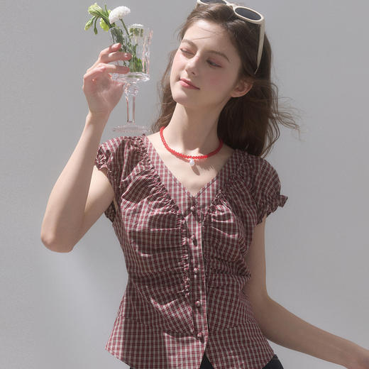 【100棉】三彩独醒2026夏季新款格纹小衫V领短袖上衣短款F 商品图1