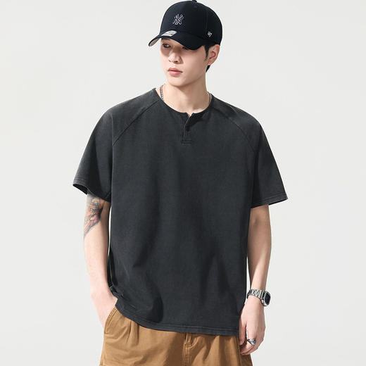 【DYG】【纯棉】大依优型大码男装夏季亨利领短袖T恤美式潮流短袖上衣 商品图1