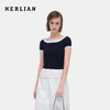 HERLIAN 2026年夏季新品修身一字领露肩蝴蝶结撞色女士针织衫短袖 商品缩略图0