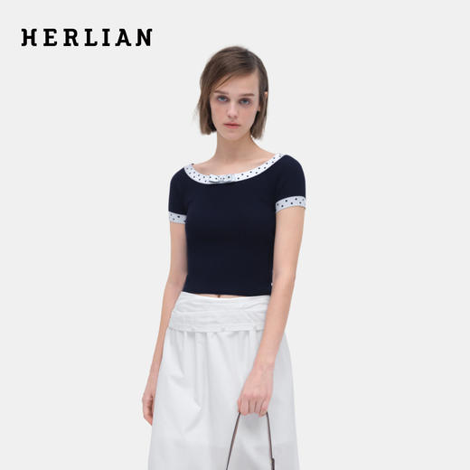 HERLIAN 2026年夏季新品修身一字领露肩蝴蝶结撞色女士针织衫短袖 商品图0