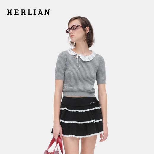 HERLIAN 2026年夏季新品不规则娃娃领蝴蝶结系带女士短袖针织衫 商品图0