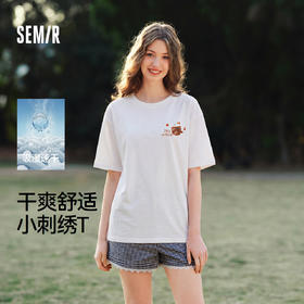 森马罗小黑短袖T恤女夏季吸湿速干卡通刺绣落肩2026新款可爱上衣