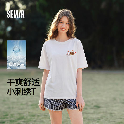 森马罗小黑短袖T恤女夏季吸湿速干卡通刺绣落肩2026新款可爱上衣 商品图0