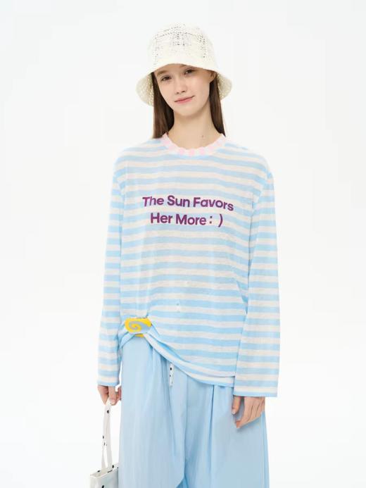 heris/H61112/彩色标语植绒印花 清爽彩色条纹 薄透针织长袖T防晒 商品图4