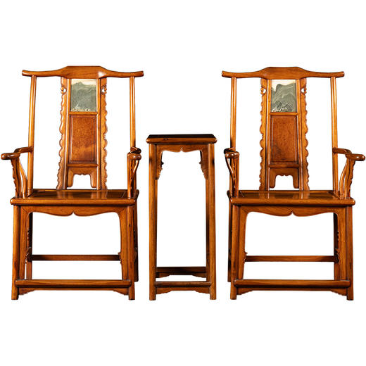 二十世纪 黄花梨镶云石三攒靠背独板座面四出头官帽椅成套（两椅一几） 商品图5