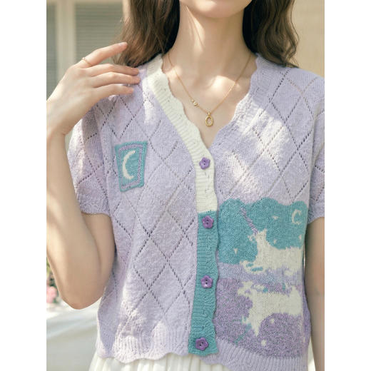 两三事淡彩纪事2026夏新款温柔风镂空菱形格毛巾绣短款针织开衫女 商品图2