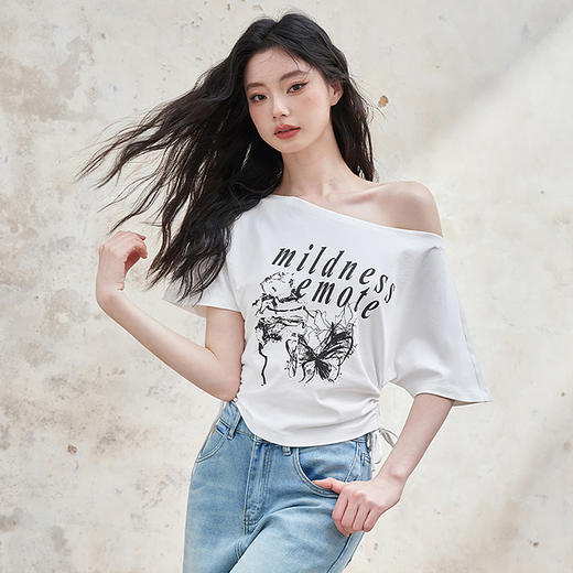 美式复古辣妹斜肩露肩印花短袖T恤女夏季收腰抽褶上衣LXD50890 商品图2