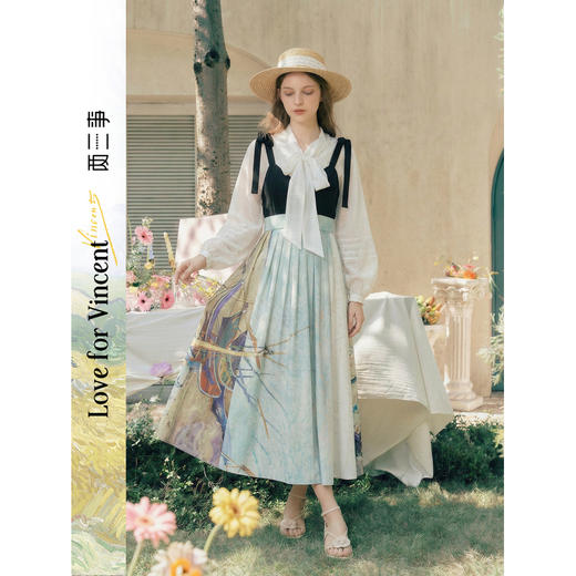 两三事梵高文艺流浪地图2026夏新款法式印花裙摆绑带吊带裙连衣裙 商品图0