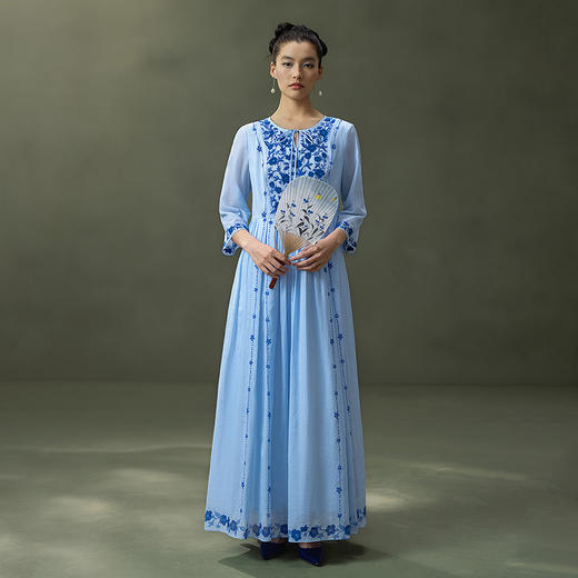 【林栖设计小店】明月花|远空蓝绒绣肌理复古2026夏新款婴儿棉连衣裙子 商品图7