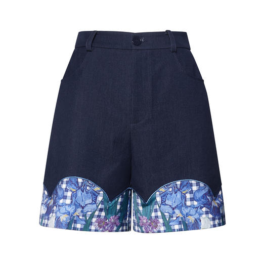 两三事梵高文艺夜澜星驰2026夏季新款复古印花拼接直筒高腰短裤女 商品图4