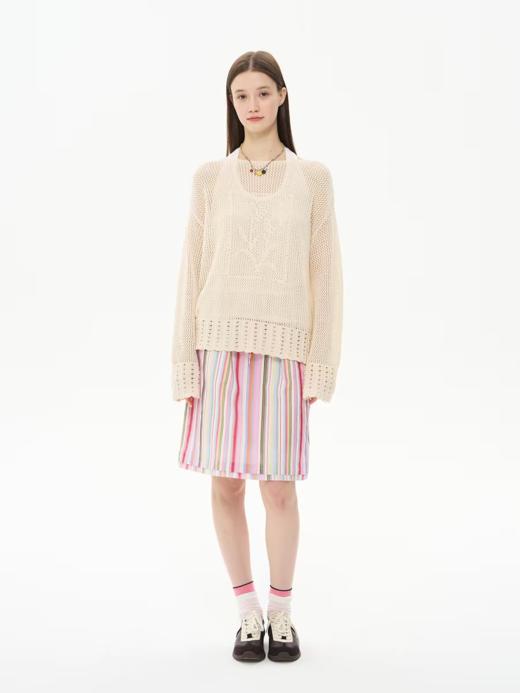 heris/H61103/镂空肌理提花 羊毛精梳棉混纺 度假宽松长袖针织罩衫 商品图3