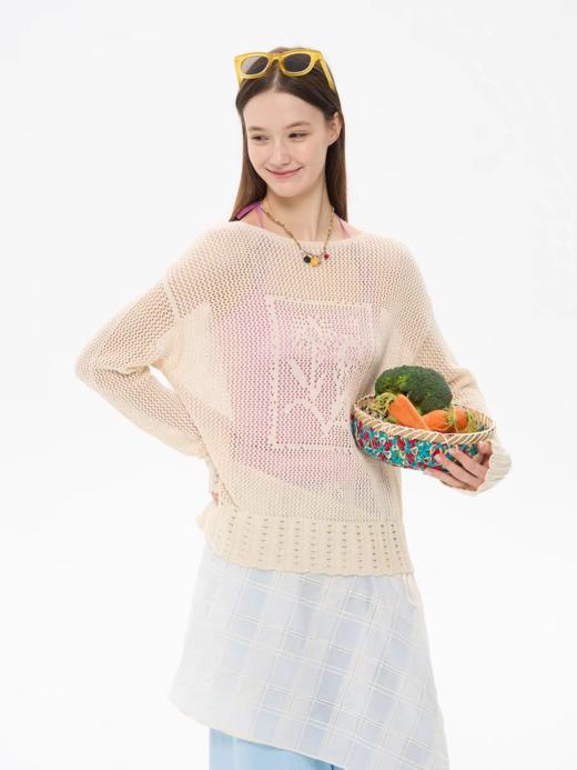 heris/H61103/镂空肌理提花 羊毛精梳棉混纺 度假宽松长袖针织罩衫 商品图0