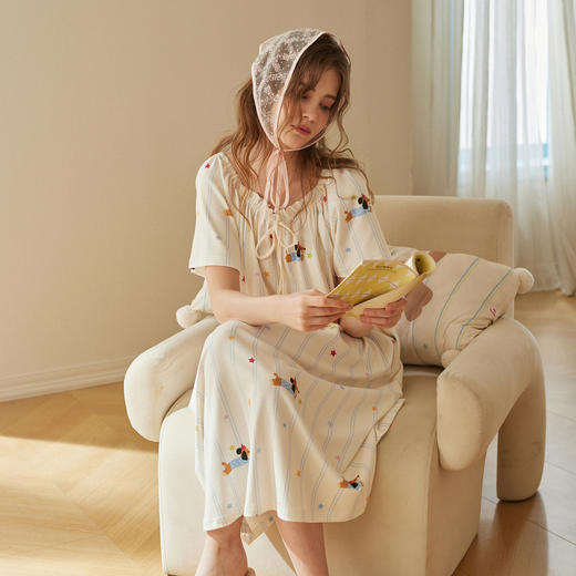 芬腾女士短袖睡裙纯棉甜美风夏季薄款休闲条纹全棉方领家居服中裙 商品图2