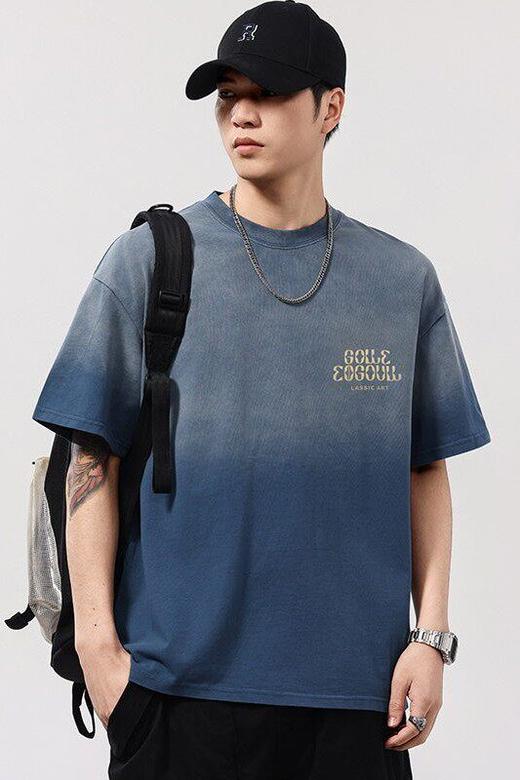 【DYG】大依优型大码男装夏季圆领短袖T恤水洗印花渐变色宽松休闲上衣 商品图5