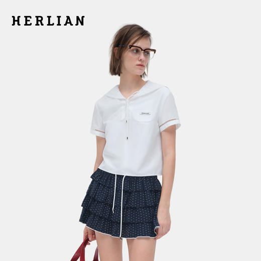 HERLIAN 2026年夏季新品海军领开衫小上衣女士学院风短袖衬衫 商品图0