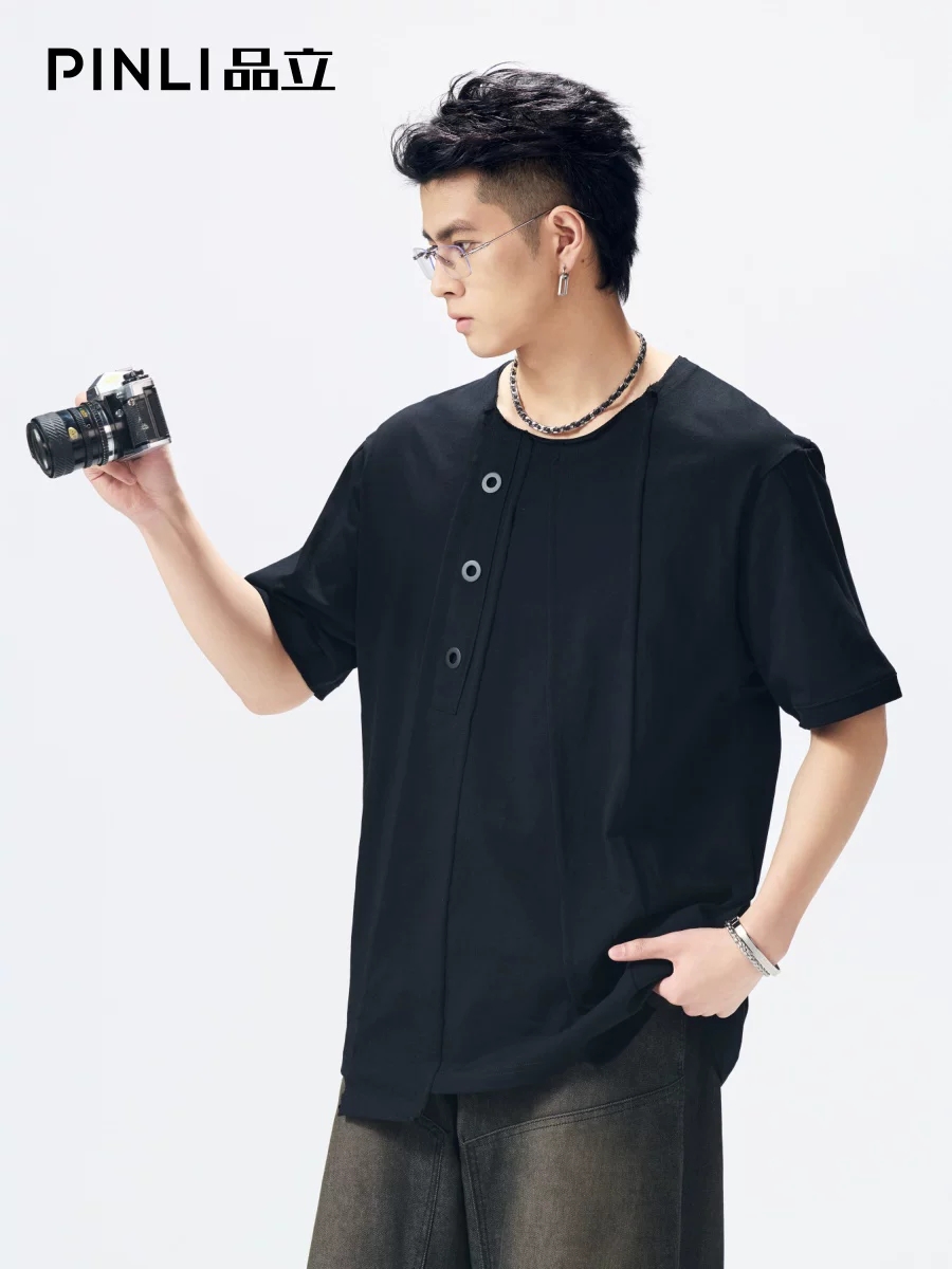PINLI品立2026夏季新款男士宽松圆领短袖T恤纯色休闲打底上衣潮牌GD262111015